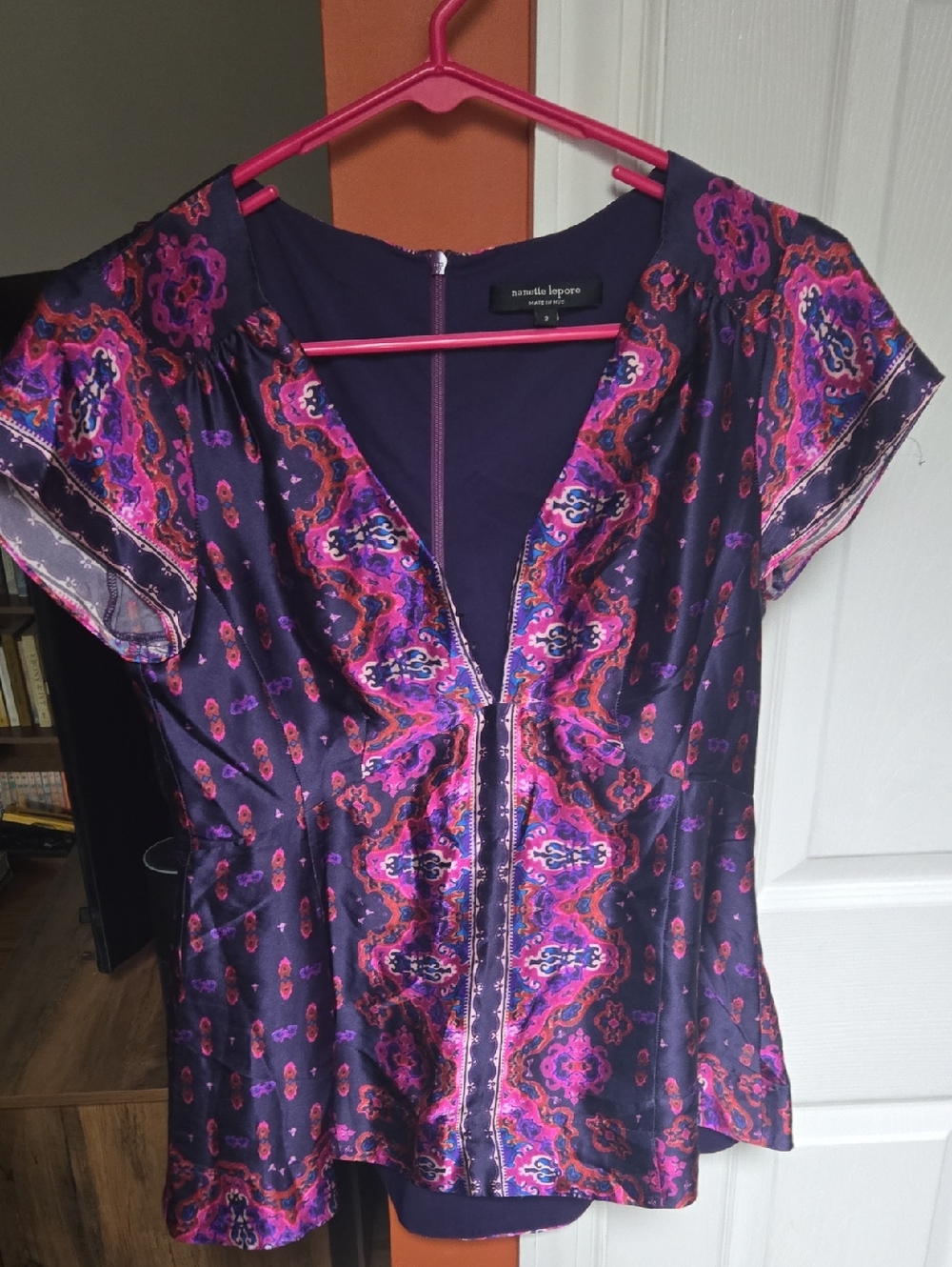 Nanette Lepore Purple Pink Paisley Zip-Front Top